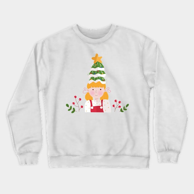 Cute Girl With Christmas Tree Crewneck Sweatshirt by IstoriaDesign